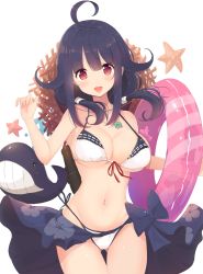 Rule 34 | 10s, 1girl, :d, adapted costume, ahoge, bikini, breasts, hair flaps, highres, innertube, kagerou (shadowmage), kantai collection, large breasts, long hair, low twintails, magatama, open mouth, purple hair, red eyes, red ribbon, ribbon, smile, solo, swim ring, swimsuit, taigei (kancolle), twintails, white bikini