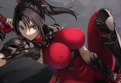 Rule 34 | 1girl, armor, black hair, bodysuit, breasts, brown eyes, covered erect nipples, covered navel, fingerless gloves, gloves, hair between eyes, holding, holding sword, holding weapon, katana, large breasts, leg up, long hair, looking at viewer, parted lips, pauldrons, ponytail, red gloves, shin guards, shoulder armor, sidelocks, solo, soul calibur, sword, taki (soulcalibur), tea (nakenashi), thighs, weapon