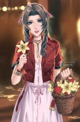 Rule 34 | 1girl, aerith gainsborough, artist name, bangle, basket, blurry, blurry background, bracelet, breasts, brown hair, choker, cleavage, cowboy shot, cropped jacket, dress, final fantasy, final fantasy vii, final fantasy vii remake, flower, flower basket, flower choker, green eyes, hair ribbon, highres, holding, holding basket, holding flower, jacket, jewelry, kivavis, lily (flower), long dress, long hair, looking at viewer, medium breasts, open mouth, outdoors, parted bangs, pink dress, pink ribbon, red flower, red jacket, ribbon, short sleeves, sidelocks, smile, solo, talking, wavy hair, yellow flower