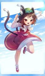 Rule 34 | 1girl, :d, animal ears, blue sky, brown hair, cat ears, cat tail, chen, cloud, cloudy sky, day, earrings, hat, highres, ibaraki natou, jewelry, mob cap, multiple tails, nekomata, open mouth, red footwear, shoes, sky, smile, socks, solo, tail, touhou, two tails, v-shaped eyebrows