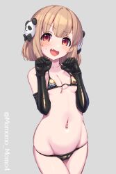 Rule 34 | 1girl, :d, avatar 2.0 project, bikini, blush, breasts, brown hair, cleavage, clenched hands, elbow gloves, fang, gloves, hair ornament, highres, looking at viewer, micro bikini, navel, open mouth, red eyes, shirono kuromi, short hair, small breasts, smile, solo, sweatdrop, swimsuit, virtual youtuber, yoshiwa tomo