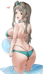 Rule 34 | 1girl, absurdres, ass, ball, bare shoulders, beachball, bikini, bow, breasts, brown eyes, butt crack, earrings, female focus, from behind, grey hair, hair bow, heart, highres, holding, jewelry, large breasts, long hair, looking at viewer, looking back, love live!, love live! school idol project, minami kotori, o-ring, o-ring bikini, o-ring top, open mouth, shoulder blades, simple background, single hair ring, skindentation, smile, solo, strap gap, string bikini, stud earrings, swimsuit, tem10, thighs, thong bikini, underboob, wading, water, wet, wet hair, white background, white bikini