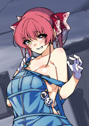 Rule 34 | 1girl, alternate costume, anchor symbol, bib overalls, blush, breasts, cleavage, cowboy shot, dutch angle, embarrassed, gloves, heterochromia, highres, hololive, houshou marine, koubou (cowbow kun), large breasts, looking at viewer, naked overalls, overalls, red hair, red ribbon, ribbon, short hair, solo, strap slip, virtual youtuber, white gloves