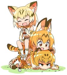 Rule 34 | 10s, 3girls, ^ ^, animal ears, blonde hair, blush, bow, bowtie, brown eyes, cat ears, cat tail, closed eyes, elbow gloves, closed eyes, food, full body, gloves, half-closed eyes, happy, highres, jaguar (kemono friends), jaguar ears, jaguar print, jaguar tail, japari bun, kemono friends, lying, multiple girls, on stomach, open mouth, roku no hito, sand cat (kemono friends), serval (kemono friends), serval print, serval tail, short hair, simple background, sitting, sitting on person, smile, tail, white background