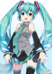 Rule 34 | 1girl, :d, bad id, bad pixiv id, buta tamako, cowboy shot, detached sleeves, green eyes, green hair, hatsune miku, highres, long hair, matching hair/eyes, necktie, open mouth, skirt, smile, solo, thighhighs, twintails, very long hair, vocaloid