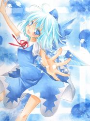 Rule 34 | 1girl, blue eyes, blue hair, bow, cirno, dress, gradient background, hair bow, head tilt, looking at viewer, marker (medium), matching hair/eyes, open hands, open mouth, outstretched arms, painting (medium), rano, ribbon, short hair, solo, spread arms, touhou, traditional media, watercolor (medium), wings
