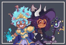 Rule 34 | 2girls, amphibia, anne boonchuy, armor, black hair, black headwear, black sclera, blue eyes, blue fire, blue hair, cat, colored sclera, company connection, crossover, dark-skinned female, dark skin, fang, fire, glowing, glowing hair, hand on another&#039;s shoulder, hat, highres, holding, holding staff, honeyglasss, horns, leaf, leaf on head, long hair, looking at viewer, luz noceda, multiple girls, parted lips, power connection, smile, spoilers, staff, stringbean (the owl house), the owl house, twitter username, upper body, witch hat, yellow eyes