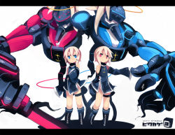 Rule 34 | 2girls, blonde hair, blue eyes, character request, commentary request, cross, detached sleeves, fuukadia (narcolepsy), hair ornament, halo, letterboxed, mecha, multiple girls, pixiv shadow, red eyes, robot, shadow, siblings, sisters, sword, twins, weapon