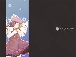 Rule 34 | 1girl, blush, dress, female focus, frills, hat, head wings, looking at viewer, mob cap, mystia lorelei, puffy short sleeves, puffy sleeves, red dress, red eyes, red hair, renten, short hair, short sleeves, solo, text focus, touhou, wallpaper, white wings, wings