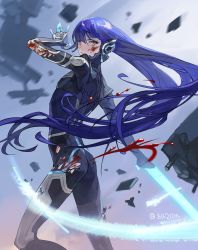 Rule 34 | 1boy, androgynous, arm up, artist name, ass, beam saber, black bodysuit, blood, blood on clothes, blood on face, blue hair, blunt bangs, blurry, blurry background, bodysuit, closed mouth, commentary request, debris, eyelashes, floating, floating hair, floating object, highres, long hair, looking at viewer, looking to the side, male focus, neon trim, protagonist (smtv), serious, shin megami tensei, shin megami tensei v, sidelocks, solo, sword, torn bodysuit, torn clothes, twitter username, very long hair, weapon, yellow eyes, za210n