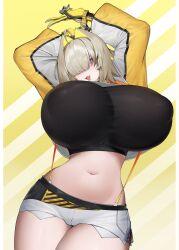 Rule 34 | absurdres, ahoge, arms up, befe, black gloves, black sports bra, blonde hair, blush, breasts, clothing cutout, crop top, cropped sweater, elegg (nikke), exposed pocket, gloves, goddess of victory: nikke, grey shorts, hair intakes, hair over eyes, highres, huge breasts, long bangs, long sleeves, looking at viewer, micro shorts, multicolored clothes, multicolored gloves, multicolored hair, navel, covered erect nipples, open mouth, purple eyes, short hair, shorts, shoulder cutout, sports bra, suspender shorts, suspenders, two-tone hair, yellow gloves