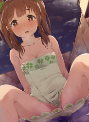 Rule 34 | 1girl, bamboo fence, bare shoulders, blush, breasts, brown eyes, brown hair, cleavage, clitoral hood, clover hair ornament, collarbone, commentary request, dot nose, dutch angle, female focus, fence, four-leaf clover hair ornament, hair ornament, heavy breathing, highres, idolmaster, idolmaster cinderella girls, idolmaster cinderella girls starlight stage, lantern, matching hair/eyes, naked towel, night, night sky, ogata chieri, open mouth, outdoors, pussy, pussy peek, seneto, sidelocks, sitting, sky, small breasts, solo, sweat, towel, twintails, uncensored, water, wet