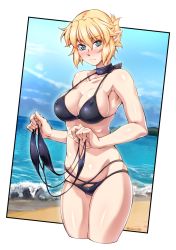 Rule 34 | &gt;:(, 1girl, alternate costume, armpits, bad id, bad twitter id, beach, bikini, black bikini, black neckwear, blonde hair, blush, breasts, choker, cleavage, closed mouth, collarbone, covered erect nipples, cowboy shot, embarrassed, frown, green eyes, halterneck, highres, holding, holding clothes, holding swimsuit, looking at viewer, medium breasts, mizuhashi parsee, nose blush, ootsuki wataru, outside border, pointy ears, short hair, solo, stomach, swimsuit, touhou, twitter username, unworn swimsuit, v-shaped eyebrows, wavy mouth