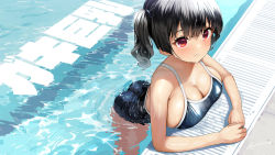 Rule 34 | 1girl, ass, black hair, blue one-piece swimsuit, breast rest, breasts, cleavage, competition school swimsuit, highres, kaedeko (kaedelic), large breasts, looking at viewer, one-piece swimsuit, original, partially submerged, pool, red eyes, sasaki kanna (kaedeko), school swimsuit, short hair, solo, swimsuit, twintails, water, wet