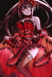 Rule 34 | 1girl, absurdres, bare shoulders, black hair, black thighhighs, breasts, clock eyes, clothes lift, date a live, dress, dress lift, frilled dress, frilled hairband, frills, hairband, heterochromia, highres, lolita fashion, lolita hairband, looking at viewer, medium breasts, red dress, symbol-shaped pupils, teeth, thighhighs, thighs, tokisaki kurumi, twintails, two-tone dress, ukitaka raptor
