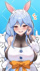 Rule 34 | 1girl, absurdres, animal ear fluff, animal ears, blue hair, blush, braid, breasts, cleavage, hair between eyes, hashira 14, highres, hololive, huge breasts, large breasts, long hair, looking at viewer, mature female, multicolored hair, open mouth, pekomama, rabbit ears, rabbit girl, red eyes, smile, solo, teeth, tongue, upper teeth only, virtual youtuber, white hair