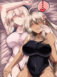 Rule 34 | 2girls, ahoge, arm up, armpits, bare shoulders, bed sheet, black bow, black one-piece swimsuit, blonde hair, blush, bow, breasts, collarbone, competition swimsuit, covered navel, dark-skinned female, dark skin, fate/grand order, fate (series), hair between eyes, hair bow, highleg, highleg swimsuit, highres, koha-ace, large breasts, long hair, looking at viewer, lying, multiple girls, okita souji (fate), okita souji (koha-ace), okita souji alter (fate), on back, on bed, one-piece swimsuit, open mouth, smile, swimsuit, tassel, tgxx3300, two-tone swimsuit, very long hair, white eyes, white hair, white one-piece swimsuit, yellow eyes