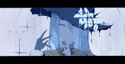 Rule 34 | 1girl, absurdres, blue eyes, blue hair, colored eyelashes, finger to mouth, flower, gloves, hair between eyes, hat, highres, kenran 000, letterboxed, light blue hair, long hair, looking at viewer, parted lips, portrait, project sekai, samsa (vocaloid), single glove, solo, song name, sparkle, yoisaki kanade
