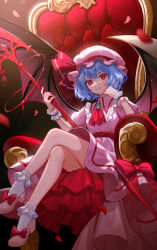 Rule 34 | 1girl, armchair, ascot, bat wings, blue hair, bobby socks, bow, brooch, brown wings, chair, closed mouth, collared dress, commentary request, crossed legs, dress, eyebrows hidden by hair, frilled shirt collar, frilled socks, frills, hat, highres, holding, holding polearm, holding weapon, jewelry, lazuri7, light particles, looking at viewer, mob cap, on chair, petals, pink dress, pink footwear, pink hat, polearm, puffy short sleeves, puffy sleeves, red bow, red eyes, remilia scarlet, rose petals, shoes, short hair, short sleeves, sitting, smile, socks, solo, spear, spear the gungnir, throne, touhou, weapon, white socks, wings, wrist cuffs
