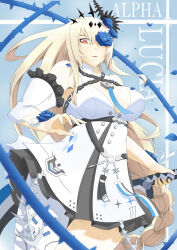 Rule 34 | 1girl, absurdres, alpha (punishing: gray raven), blonde hair, blue flower, blue rose, breasts, chain, character name, cleavage, conch, detached sleeves, dress, flower, flower over eye, hair flower, hair ornament, highres, holding, holding sword, holding weapon, ken261315zx, large breasts, lock, long hair, lucia: crimson abyss (apocalyptic cyan) (punishing: gray raven), lucia: crimson abyss (punishing: gray raven), one eye covered, padlock, pantyhose, parted lips, punishing: gray raven, rose, shell hair ornament, single leg pantyhose, solo, sword, thorns, weapon, white dress, white pantyhose, white sleeves
