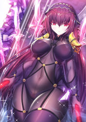 Rule 34 | 1girl, armor, bodysuit, breasts, covered navel, cowboy shot, dual wielding, fate/grand order, fate (series), gae bolg (fate), hair intakes, highres, holding, holding spear, holding weapon, iro ame (amewaagada), large breasts, long hair, pauldrons, polearm, purple bodysuit, purple hair, red eyes, scathach (fate), scathach (fate), shoulder armor, sidelocks, solo, spear, veil, very long hair, weapon