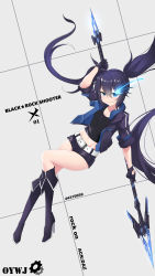 Rule 34 | 1girl, absurdres, artist name, asymmetrical hair, bad id, bad pixiv id, belt, belt buckle, black footwear, black gloves, black jacket, black rock shooter, black rock shooter (character), black shirt, black shorts, blue eyes, blue hair, boots, breasts, buckle, character name, cleavage, closed mouth, copyright name, flaming eye, floating hair, full body, gloves, grey background, groin, hair between eyes, high heel boots, high heels, highres, holding, holding polearm, holding spear, holding weapon, jacket, knee boots, long hair, micro shorts, midriff, navel, open clothes, open jacket, oywj, polearm, shirt, short sleeves, shorts, small breasts, smile, solo, spear, stomach, twitter username, very long hair, weapon, white belt