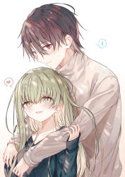 Rule 34 | 1boy, 1girl, blush, brown hair, cecilia (shiro seijo to kuro bokushi), collarbone, commentary request, green eyes, green hair, hair between eyes, heart, hug, hug from behind, kazutake hazano, lawrence (shiro seijo to kuro bokushi), long sleeves, open mouth, red eyes, shiro seijo to kuro bokushi, short hair, simple background, smile, upper body, white background
