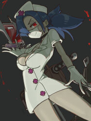 Rule 34 | 1girl, belt pouch, blood, blood bag, blue hair, bonesaw, breasts, choker, cleavage, cowboy shot, dutch angle, eyepatch, gloves, grey background, hair over one eye, half-closed eyes, hat, highres, large breasts, latex, latex gloves, looking at viewer, looking down, mask, mouth mask, nurse cap, ooiwa (irc14786149), ponytail, pouch, saw, skullgirls, smile, solo, surgical mask, syringe, valentine (skullgirls)