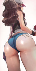 Rule 34 | 1girl, ass, ass focus, bag, bare arms, baseball cap, black jacket, blue eyes, blue shorts, brown hair, commentary, cowboy shot, creatures (company), cropped jacket, eyes visible through hair, from behind, from below, game freak, hat, highres, hilda (pokemon), holding, holding poke ball, jacket, long hair, looking back, micro shorts, nintendo, poke ball, pokemon, pokemon bw, revision, shirt, shorts, shoulder bag, sidelocks, simple background, sleeveless, sleeveless jacket, solo, standing, torriet, white background, white hat, white shirt, wristband