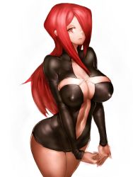 Rule 34 | 1girl, adapted costume, breasts, center opening, cleavage, cleavage cutout, clothing cutout, covered erect nipples, cross, curvy, fumio (rsqkr), hair over one eye, huge breasts, large breasts, lips, long hair, navel, parasoul (skullgirls), parted lips, red eyes, red hair, simple background, skirt, skull, skullgirls, solo, standing, thighs, umbrella, white background, wide hips