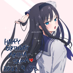 Rule 34 | 1girl, black hair, black hairband, blue eyes, blue sailor collar, citron80citron, dated, english text, hairband, hand in own hair, happy birthday, long hair, long sleeves, looking at viewer, open mouth, sailor collar, school uniform, serafuku, simple background, solo, tohno akiha, tsukihime, upper body, white background, white serafuku