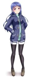 Rule 34 | 1girl, aqua sweater, black pantyhose, blue coat, blue hair, blush, brown footwear, coat, commentary request, duffel coat, full body, hair down, hair ornament, hairpin, hands in pockets, highres, hood, hood down, long hair, long sleeves, looking at viewer, love live!, love live! school idol festival, love live! sunshine!!, matsuura kanan, pantyhose, purple eyes, shoes, shorts, simple background, smile, solo, standing, sweater, white background, yopparai oni
