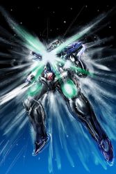 Rule 34 | 00s, armor, exia, flying, full body, glowing, glowing eyes, gundam, gundam 00, gundam exia, highres, light rays, machinery, mecha, no humans, red eyes, robot, space