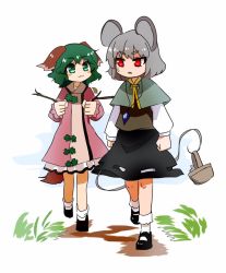 Rule 34 | 2girls, :3, ameyu (rapon), animal, animal ears, bad id, bad twitter id, basket, blush stickers, branch, capelet, dress, green eyes, green hair, grey hair, jewelry, kasodani kyouko, long sleeves, looking at another, looking back, mary janes, mouse (animal), mouse ears, mouse tail, multiple girls, nazrin, necklace, open mouth, pink dress, red eyes, shirt, shoes, short hair, simple background, skirt, smile, socks, sweatdrop, tail, touhou, vest, walking, white legwear