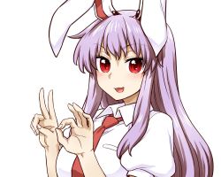 Rule 34 | 1girl, :3, :d, animal ears, blush, collared shirt, hands up, highres, itou yuuji, long hair, looking at viewer, necktie, ok sign, open mouth, puffy short sleeves, puffy sleeves, purple hair, rabbit ears, red eyes, red necktie, reisen udongein inaba, shirt, short sleeves, simple background, smile, solo, touhou, upper body, v, white background, white shirt, wing collar