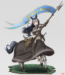 Rule 34 | 1girl, :o, absurdres, animal ears, armor, artist name, axe, bag, black hair, blunt bangs, boobplate, breastplate, breasts, brown eyes, centaur, chinese commentary, commentary request, dated, faux figurine, flag, full armor, full body, gauntlets, grass, greaves, grey background, grey skirt, hair between eyes, hair ornament, hairclip, highres, holding, holding axe, horse ears, horse tail, knight, large breasts, long hair, long skirt, looking to the side, milestone celebration, monster girl, multiple legs, open mouth, original, paper, plate armor, shadow, sheath, sheathed, shoulder armor, sidelocks, simple background, skirt, solo, standing, standing on three legs, sword, tail, taur, teeth, thank you, tsa, upper teeth only, weapon