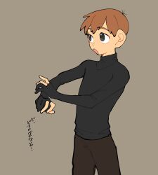 Rule 34 | 1boy, black eyes, black shirt, brown hair, brown pants, chilchuck tims, cowboy shot, dungeon meshi, gloves, grey background, highres, long sleeves, male focus, open mouth, pants, partially fingerless gloves, sansai 100, shirt, short hair, simple background, solo, translation request, turtleneck shirt