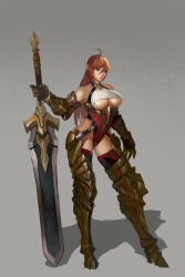 Rule 34 | 1girl, absurdres, ahoge, armor, bare shoulders, blue eyes, breasts, brown hair, collarbone, contrapposto, elf, gauntlets, goldengear870, highres, huge weapon, large breasts, lips, pointy ears, shadow, simple background, solo, standing, sword, thighhighs, two-handed sword, underboob, weapon