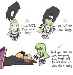 Rule 34 | 1boy, 1girl, absurdres, belt, black belt, blush stickers, budgiepon, c.c., cheese-kun, chibi, closed mouth, code geass, commentary request, disembodied hand, english text, food, forehead tattoo, frown, green hair, hair between eyes, highres, holding, holding food, holding pizza, hood, hood down, how to hold x (meme), lelouch vi britannia, long hair, long sleeves, meme, motion lines, open mouth, pizza, simple background, solo focus, sparkle, steam, straight hair, v-shaped eyebrows, very long hair, walking, waving arms, white background, wide sleeves, yellow eyes