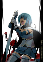 Rule 34 | 10s, 1girl, blood, bloody tears, blue hair, cape, gloves, hair over eyes, kakuno, kneeling, magical girl, mahou shoujo madoka magica, mahou shoujo madoka magica (anime), miki sayaka, open mouth, screaming, short hair, solo, sword, tears, thighhighs, weapon, white gloves, white thighhighs, zettai ryouiki