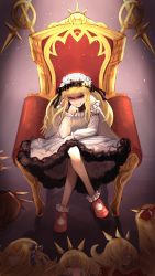 Rule 34 | absurdres, armchair, bare shoulders, blonde hair, bobby socks, cagliostro (granblue fantasy), cero421, chair, clone, closed eyes, commentary request, crossed legs, dress, evil grin, evil smile, flower, granblue fantasy, grin, hair flower, hair ornament, hairband, head rest, highres, leaning forward, long hair, looking at viewer, mary janes, purple eyes, red footwear, shaded face, shoes, smile, socks, throne, white dress