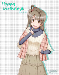 Rule 34 | 1girl, artist name, artist request, beniya factory, blue sweater, blush, bow, brown bow, brown eyes, brown hair, brown skirt, checkered clothes, checkered scarf, earrings, female focus, grey hair, heart, heart necklace, highres, jewelry, key1 (beniya factory), key1 (katou kiichi), light brown hair, light brown shirt, long hair, long sleeves, love live!, love live! school idol festival, love live! school idol project, minami kotori, necklace, parted lips, polka dot, polka dot bow, red scarf, scarf, skirt, smile, solo, sweater