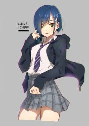 Rule 34 | 10s, 1girl, asymmetrical bangs, blue hair, breasts, chromatic aberration, commentary request, contemporary, contrapposto, cowboy shot, cropped legs, darling in the franxx, green eyes, grey background, hair ornament, hair over one eye, hairclip, hand up, highres, hood, hooded jacket, hoodie, ichigo (darling in the franxx), jacket, long sleeves, looking at viewer, mizu no, necktie, open clothes, open hoodie, open jacket, parted lips, plaid, plaid skirt, pleated skirt, school uniform, short hair, simple background, skirt, sleeves past wrists, small breasts, solo, standing, striped necktie, striped neckwear