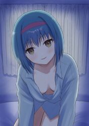 Rule 34 | 1girl, arm support, bed sheet, blue hair, blush, breasts, brown eyes, collarbone, collared shirt, curtains, downblouse, eyelashes, hair between eyes, hairband, head tilt, highres, indoors, leaning forward, little busters!, long sleeves, looking at viewer, naked shirt, night, nishizono midori, no bra, parted lips, piyo (kinkooo333), red hairband, seductive smile, shirt, short hair, sitting, small breasts, smile, solo, straight-on