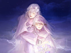 Rule 34 | 2girls, arms around neck, au ra, warrior of light (ff14), closed eyes, commentary, dragon horns, facing viewer, final fantasy, final fantasy xiv, flower, glowing flower, hair flower, hair ornament, holding, holding flower, horns, hug, long hair, mask, unworn mask, multiple girls, night, outdoors, robe, scales, sky, smile, standing, star (sky), starry sky, upper body, venat (ff14), white hair, white robe, xiaoli (1507)