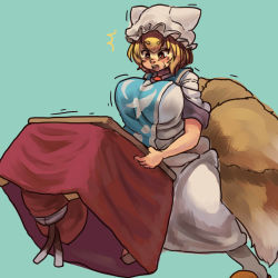 Rule 34 | 2girls, animal hat, aqua background, blonde hair, blush, breasts, brown eyes, cat tail, chanta (ayatakaoisii), chen, dress, fox tail, hat, holding table, large breasts, medium hair, mob cap, multiple girls, multiple tails, open mouth, mob cap, simple background, tabard, tail, touhou, two tails, white dress, white headwear, yakumo ran