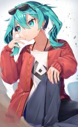 Rule 34 | 1girl, absurdly long hair, anniversary, aqua eyes, aqua hair, artist name, artist request, blue eyes, blue hair, blush, breasts, collarbone, earrings, female focus, glasses, glasses on head, gunjou row, hatsune miku, highres, jacket, jewelry, knee up, long hair, pants, parted lips, red jacket, shirt, small breasts, smile, solo, suna no wakusei (vocaloid), twintails, ultramarine wolf, very long hair, vocaloid, white shirt