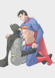 Rule 34 | 2boys, abs, artist name, bara, batman, batman (series), belt, black cape, black gloves, black hair, blue bodysuit, blush, bodysuit, boots, bruce wayne, cape, clark kent, closed mouth, clothes lift, clothes pull, couple, dc comics, evinist, gloves, grey bodysuit, highres, large pectorals, looking at another, male focus, mask, multiple boys, muscular, muscular male, navel, nipples, on person, open mouth, pectorals, short hair, sitting, sitting on person, smile, superman, superman (series), yaoi