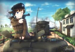 Rule 34 | 1girl, 3boys, blue eyes, breasts, brown hair, caterpillar tracks, cloud, commentary, day, english commentary, fence, grass, gun, handgun, hat, headphones, hermann, highres, house, m4 sherman, military, military hat, military uniform, military vehicle, motor vehicle, multiple boys, one eye closed, original, ponytail, revolver, signature, sky, tank, tree, uniform, weapon, wooden fence