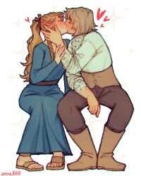 Rule 34 | 2girls, belt, blonde hair, blue dress, blush, boots, brown footwear, brown pants, choker, chromatic aberration, closed eyes, commentary, diezmil10000, dress, dungeon meshi, elf, falin thorden, falin thorden (tallman), feathers, full body, grey hair, hand on another&#039;s arm, hand on another&#039;s face, heart, highres, kiss, long hair, long sleeves, marcille donato, multiple girls, pants, pointy ears, red choker, sandals, shirt, short hair, simple background, sitting, sparkle, symbol-only commentary, toes, white background, white shirt